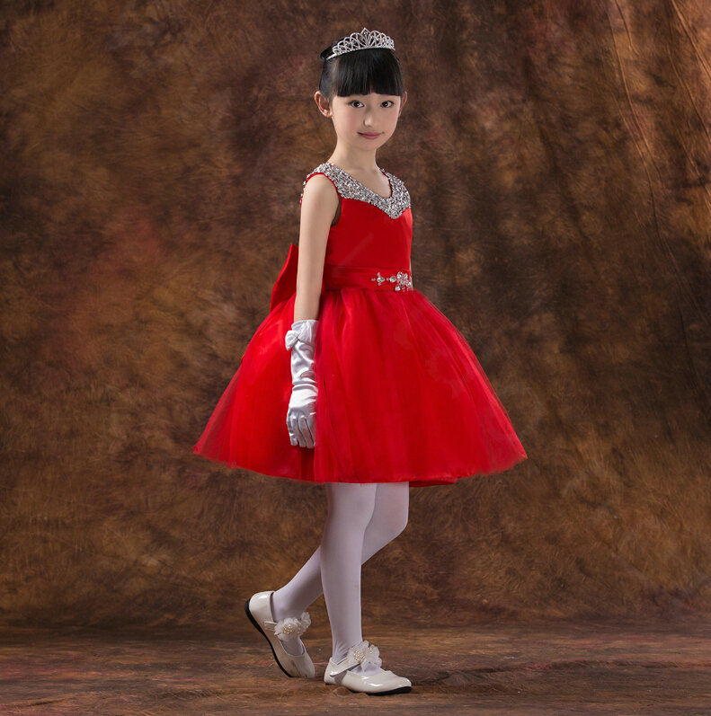 Cute Dresses Winter Flower Girls Chiffon Knee Length Bowknot Wedding Party Dress - Red