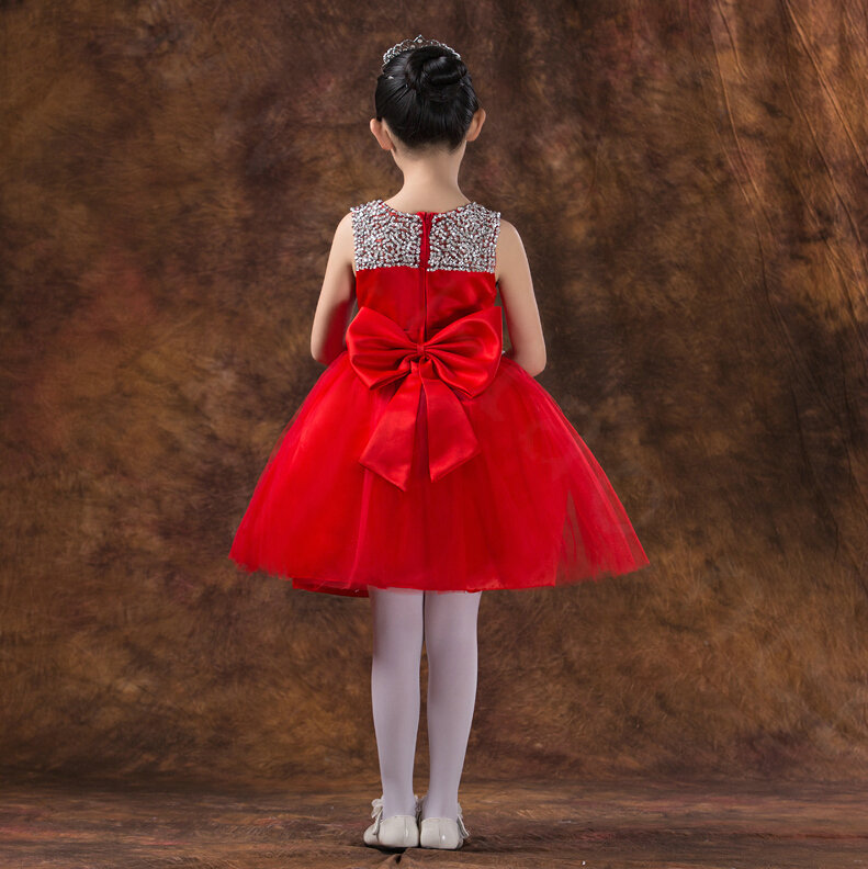 Cute Dresses Winter Flower Girls Chiffon Knee Length Bowknot Wedding Party Dress - Red
