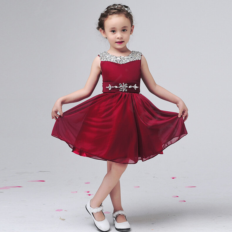 Cute Dresses Winter Flower Girls Chiffon Knee Length Bowknot Wedding Party Dress - Wine Red