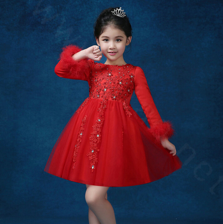 Cute Dresses Winter Flower Girls Diamond Cotton Wedding Party Dress - Red
