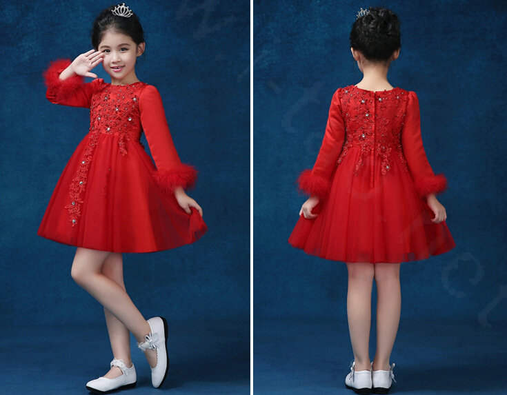 Cute Dresses Winter Flower Girls Diamond Cotton Wedding Party Dress - Red