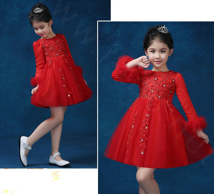 Cute Dresses Winter Flower Girls Diamond Cotton Wedding Party Dress - Red