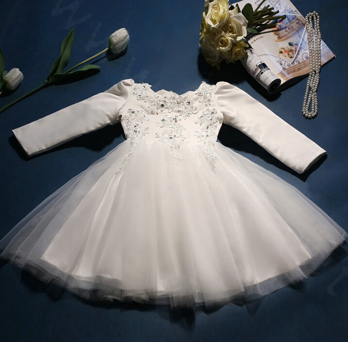Cute Dresses Winter Flower Girls Diamond Cotton Wedding Party Dress - White