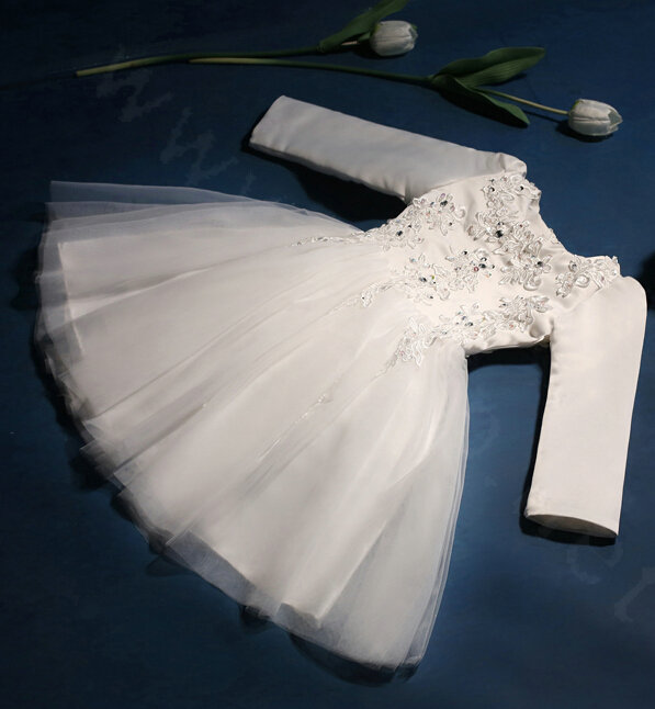 Cute Dresses Winter Flower Girls Diamond Cotton Wedding Party Dress - White