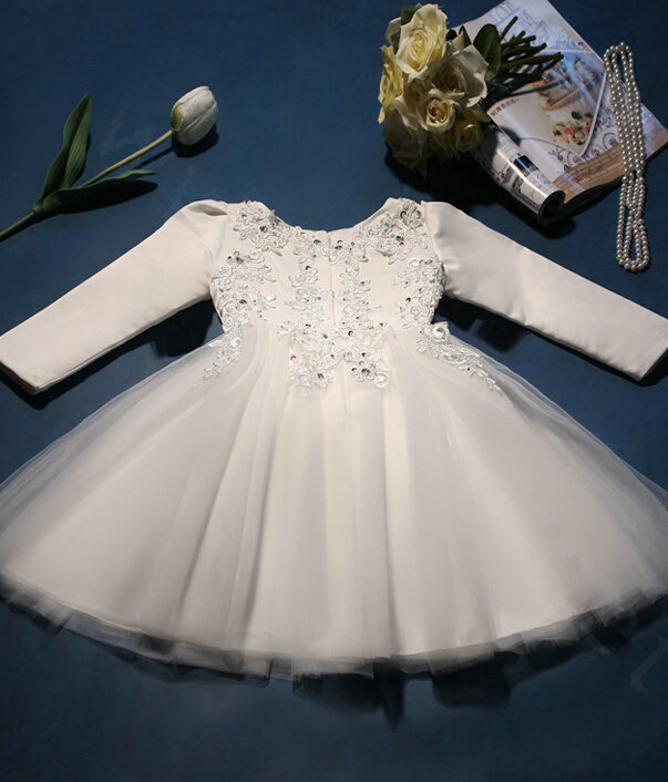 Cute Dresses Winter Flower Girls Diamond Cotton Wedding Party Dress - White