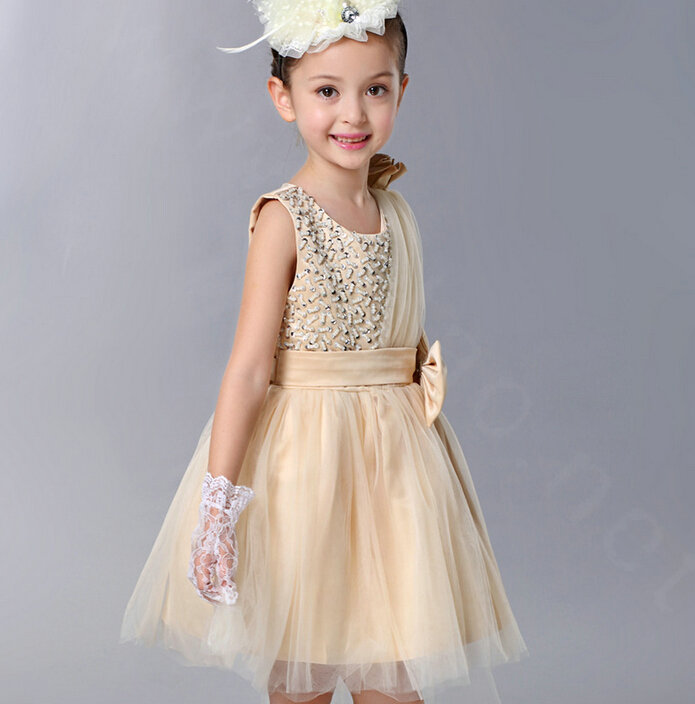 Cute Dresses Winter Flower Girls Diamonds Knee Length Bowknot Wedding Party Dress - Beige