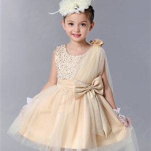 Cute Dresses Winter Flower Girls Diamonds Knee Length Bowknot Wedding Party Dress - Beige