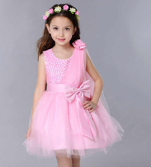 Cute Dresses Winter Flower Girls Diamonds Knee Length Bowknot Wedding Party Dress - Pink