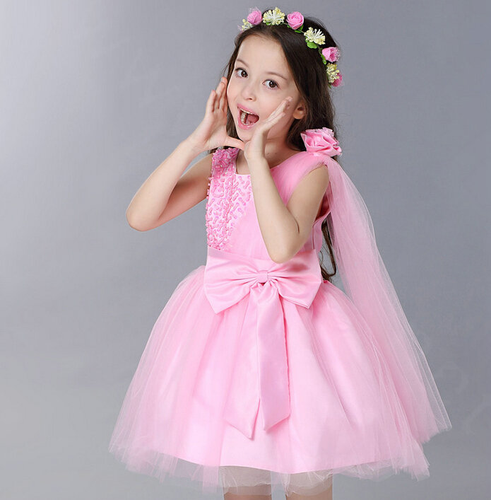 Cute Dresses Winter Flower Girls Diamonds Knee Length Bowknot Wedding Party Dress - Pink