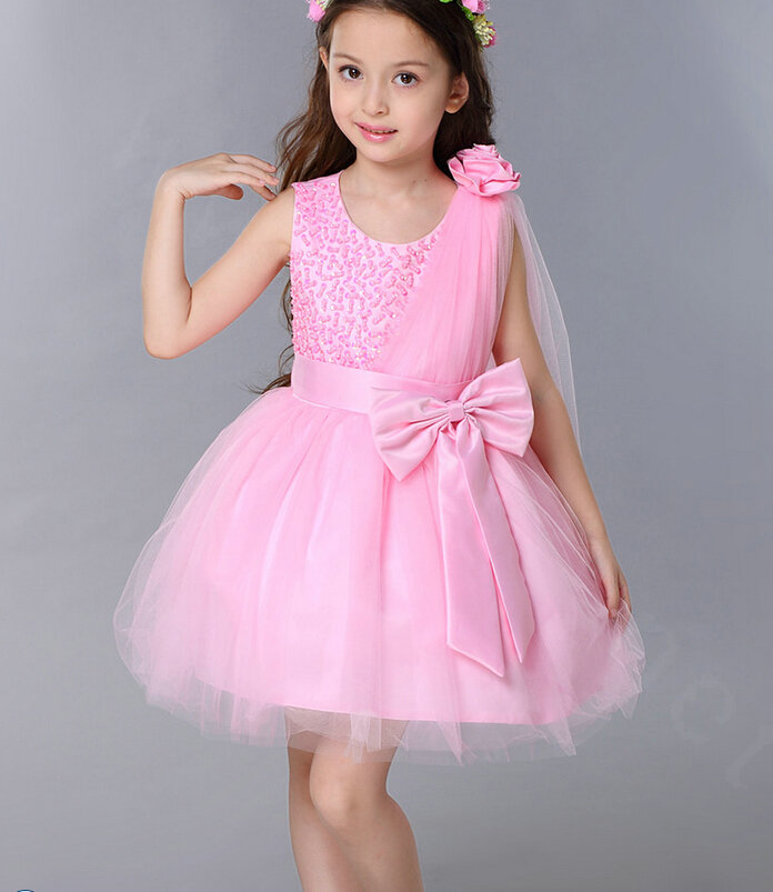 Cute Dresses Winter Flower Girls Diamonds Knee Length Bowknot Wedding Party Dress - Pink