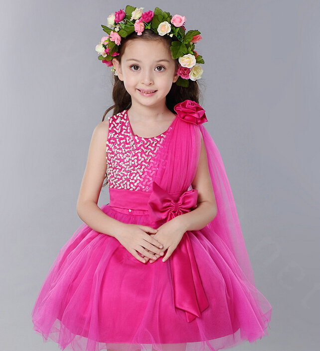 Cute Dresses Winter Flower Girls Diamonds Knee Length Bowknot Wedding Party Dress - Rose