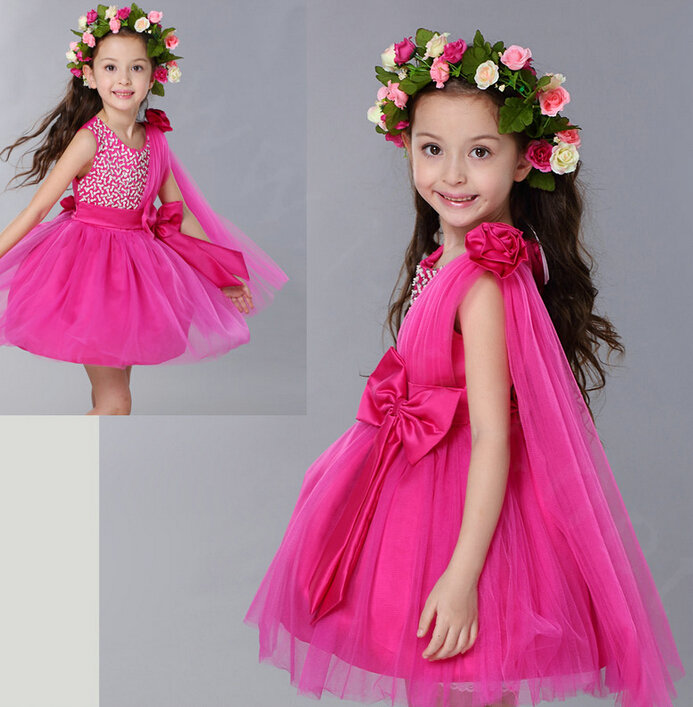 Cute Dresses Winter Flower Girls Diamonds Knee Length Bowknot Wedding Party Dress - Rose