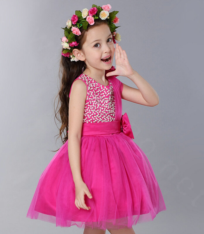 Cute Dresses Winter Flower Girls Diamonds Knee Length Bowknot Wedding Party Dress - Rose