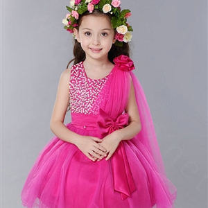 Cute Dresses Winter Flower Girls Diamonds Knee Length Bowknot Wedding Party Dress - Rose