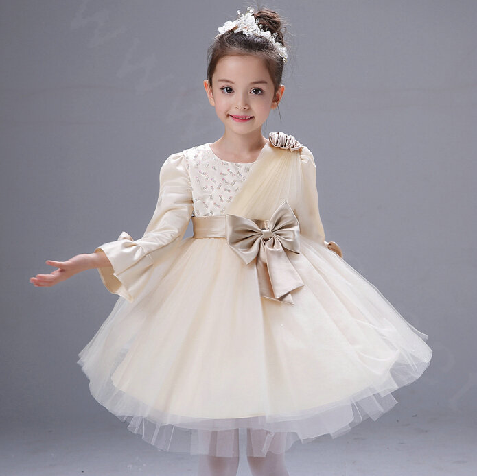 Cute Dresses Winter Flower Girls Flare Sleeve Bowknot Wedding Party Dress - Beige