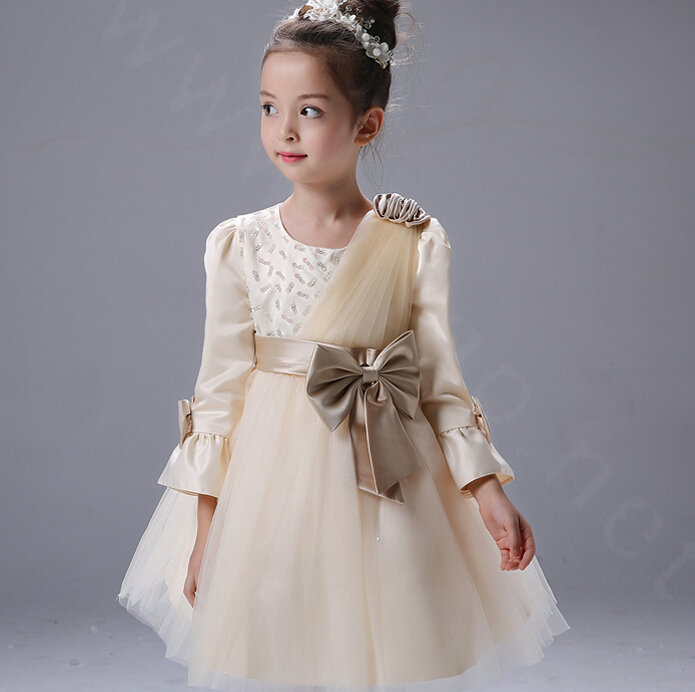 Cute Dresses Winter Flower Girls Flare Sleeve Bowknot Wedding Party Dress - Beige