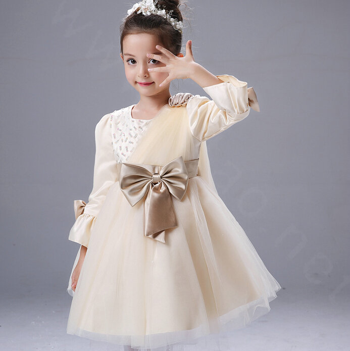Cute Dresses Winter Flower Girls Flare Sleeve Bowknot Wedding Party Dress - Beige