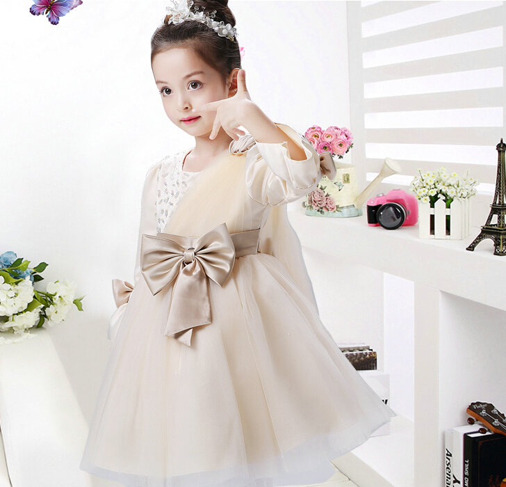 Cute Dresses Winter Flower Girls Flare Sleeve Bowknot Wedding Party Dress - Beige