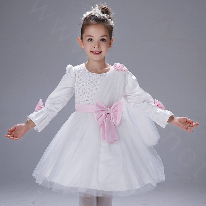Cute Dresses Winter Flower Girls Flare Sleeve Bowknot Wedding Party Dress - White