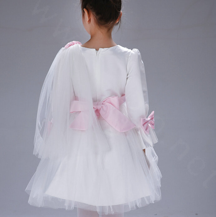 Cute Dresses Winter Flower Girls Flare Sleeve Bowknot Wedding Party Dress - White