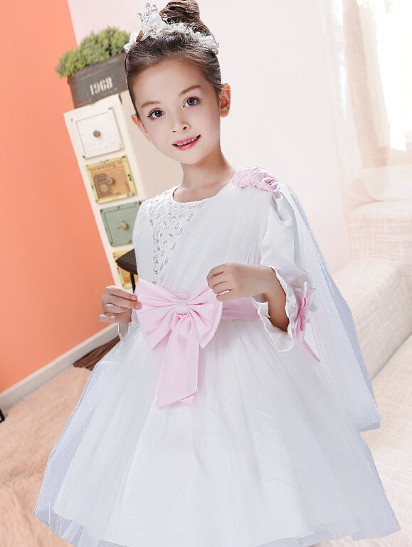 Cute Dresses Winter Flower Girls Flare Sleeve Bowknot Wedding Party Dress - White