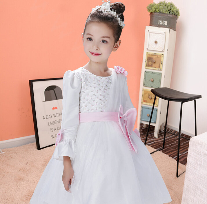 Cute Dresses Winter Flower Girls Flare Sleeve Bowknot Wedding Party Dress - White