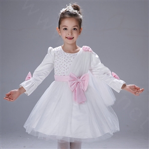 Cute Dresses Winter Flower Girls Flare Sleeve Bowknot Wedding Party Dress - White