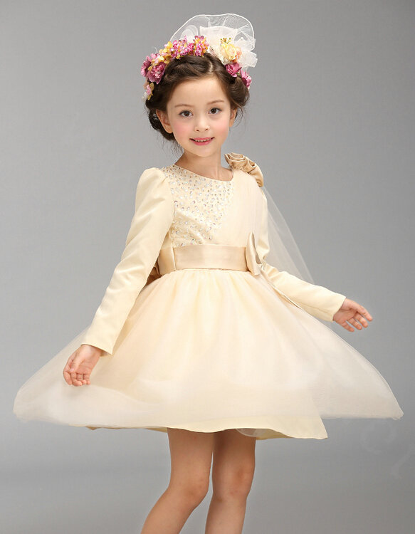 Cute Dresses Winter Flower Girls Knee Length Bowknot Wedding Party Dress - Beige