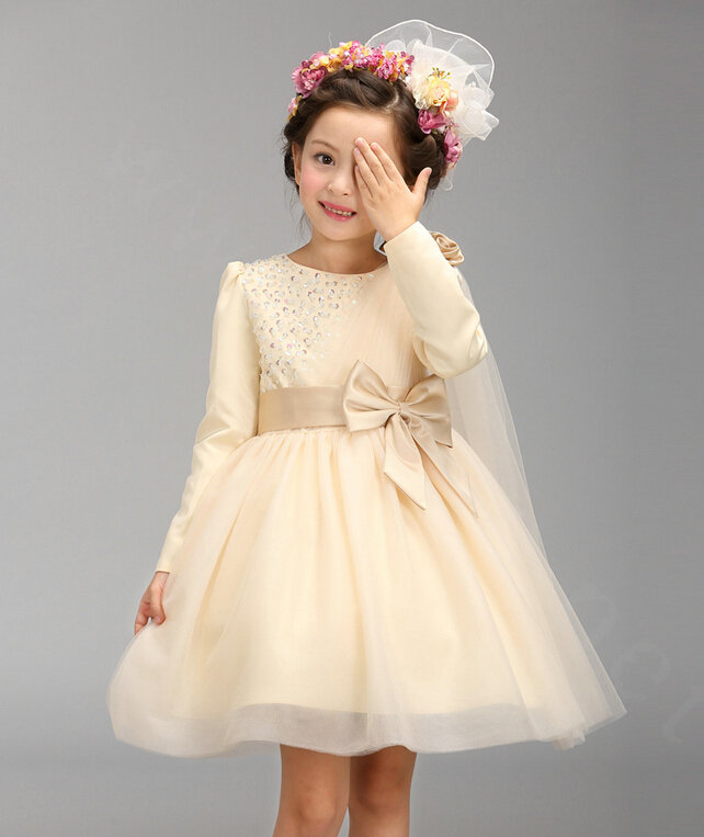 Cute Dresses Winter Flower Girls Knee Length Bowknot Wedding Party Dress - Beige