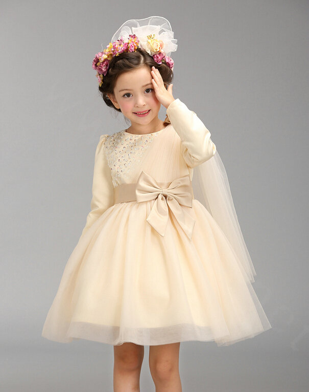 Cute Dresses Winter Flower Girls Knee Length Bowknot Wedding Party Dress - Beige