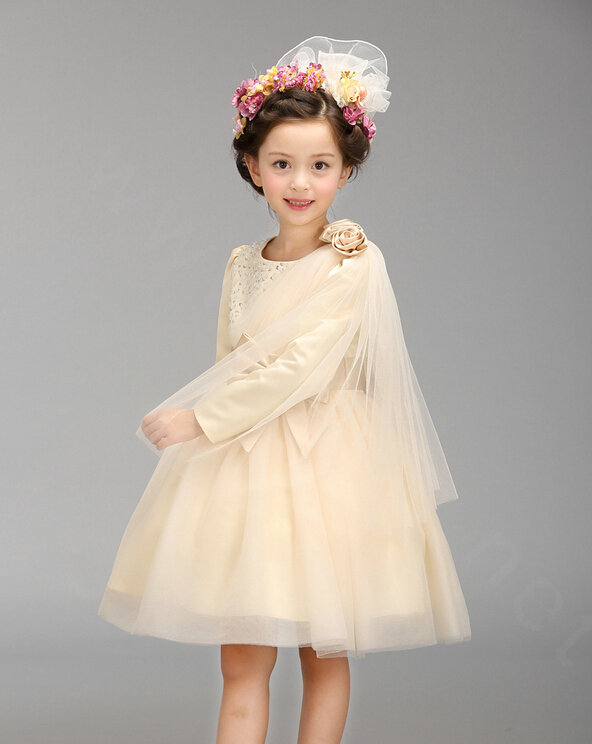 Cute Dresses Winter Flower Girls Knee Length Bowknot Wedding Party Dress - Beige