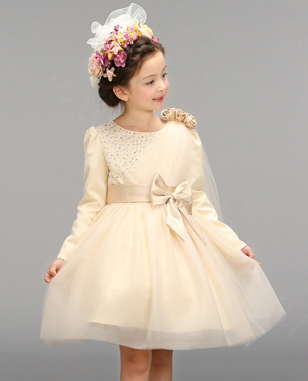 Cute Dresses Winter Flower Girls Knee Length Bowknot Wedding Party Dress - Beige