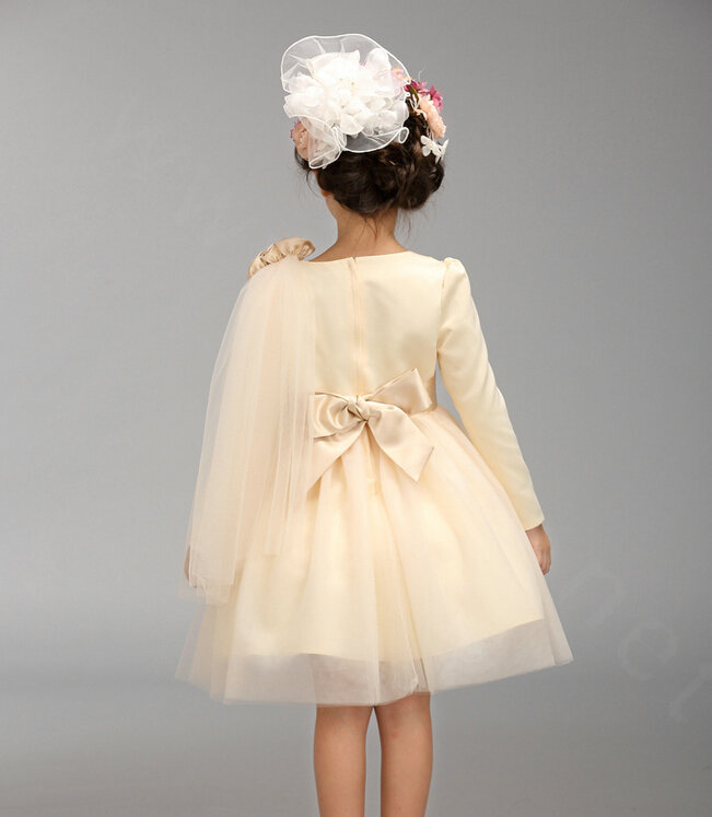 Cute Dresses Winter Flower Girls Knee Length Bowknot Wedding Party Dress - Beige