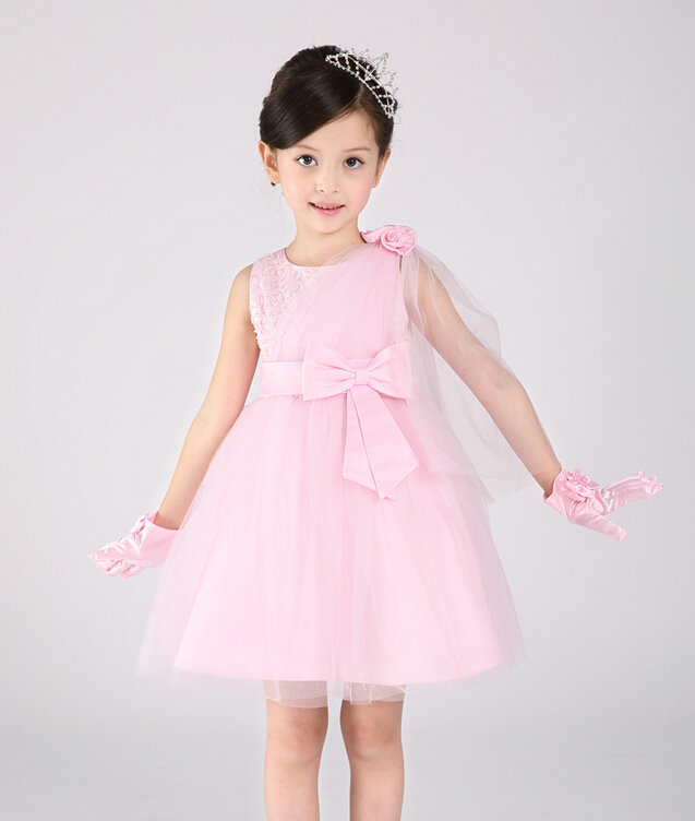 Cute Dresses Winter Flower Girls Knee Length Bowknot Wedding Party Dress - Pink