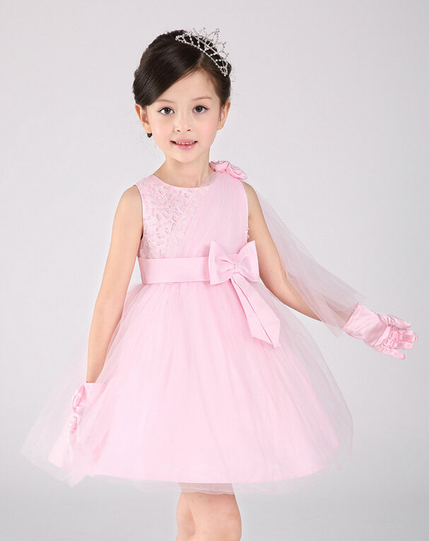 Cute Dresses Winter Flower Girls Knee Length Bowknot Wedding Party Dress - Pink
