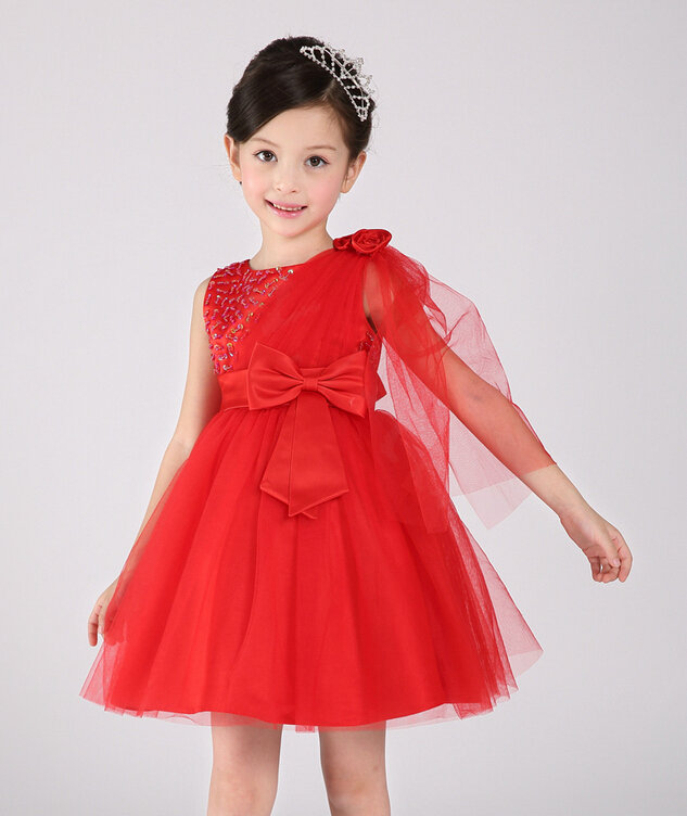 Cute Dresses Winter Flower Girls Knee Length Bowknot Wedding Party Dress - Red
