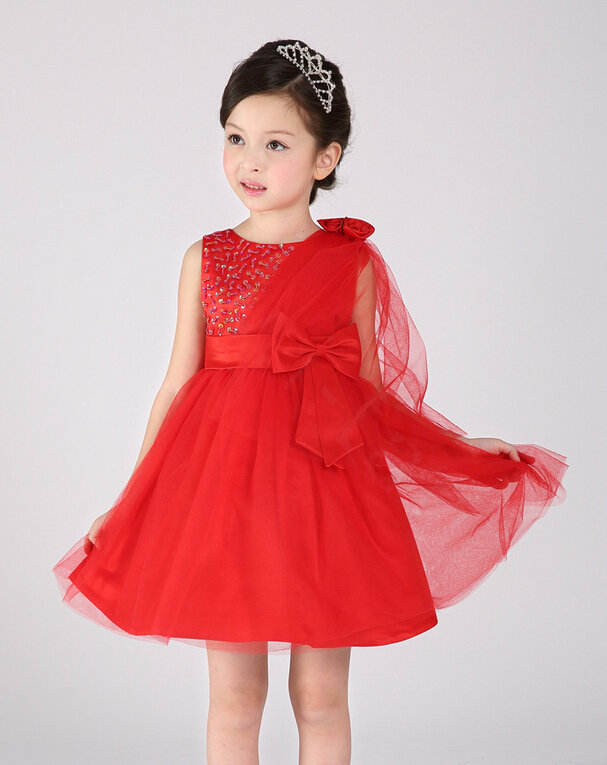 Cute Dresses Winter Flower Girls Knee Length Bowknot Wedding Party Dress - Red