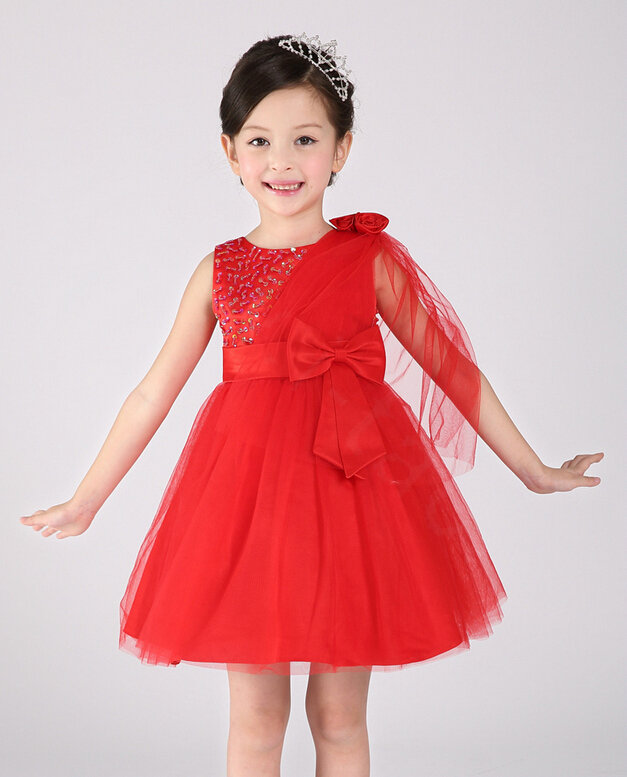 Cute Dresses Winter Flower Girls Knee Length Bowknot Wedding Party Dress - Red