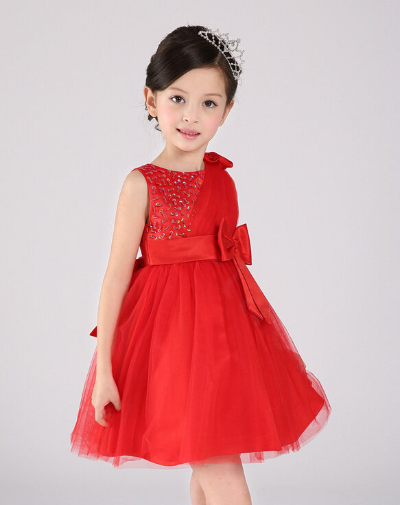 Cute Dresses Winter Flower Girls Knee Length Bowknot Wedding Party Dress - Red