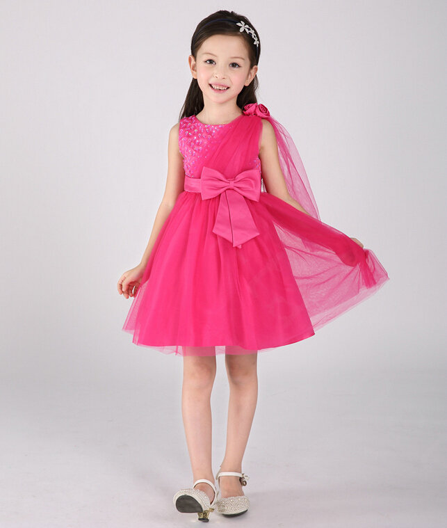 Cute Dresses Winter Flower Girls Knee Length Bowknot Wedding Party Dress - Rose
