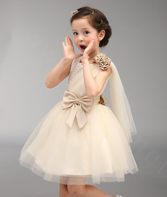 Cute Dresses Winter Flower Girls Knee Length Bowknot Wedding Party Dress - White