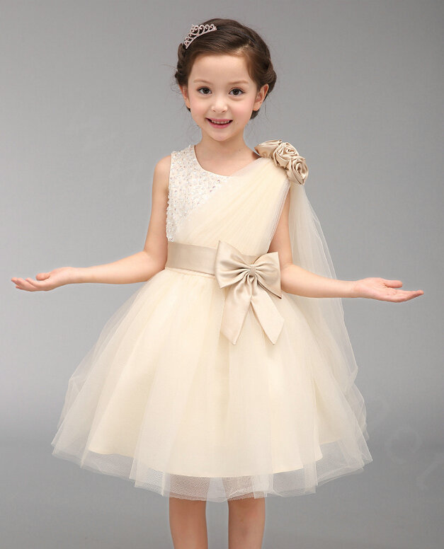 Cute Dresses Winter Flower Girls Knee Length Bowknot Wedding Party Dress - White