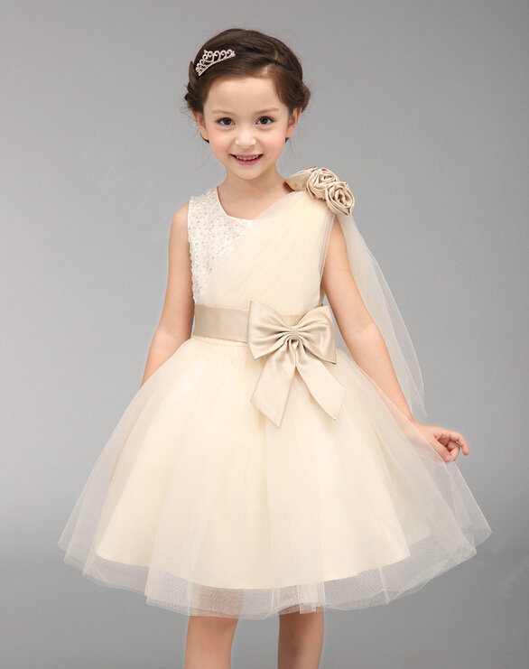 Cute Dresses Winter Flower Girls Knee Length Bowknot Wedding Party Dress - White