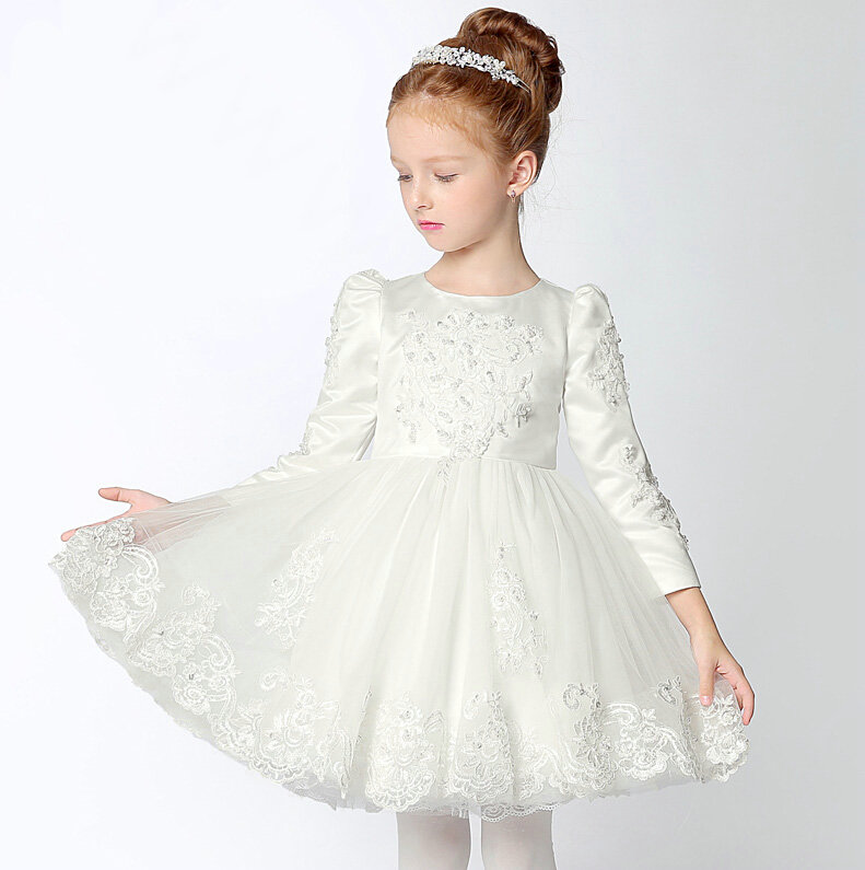Cute Dresses Winter Flower Girls Knee Length Embroidery Wedding Party Dress - White