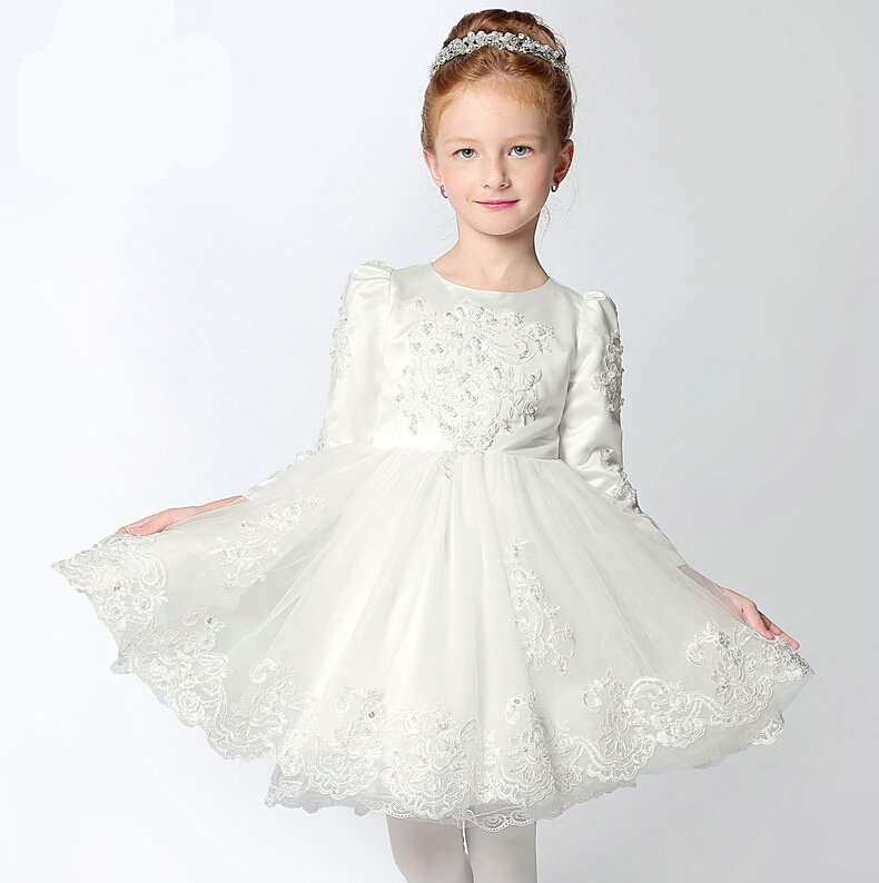 Cute Dresses Winter Flower Girls Knee Length Embroidery Wedding Party Dress - White
