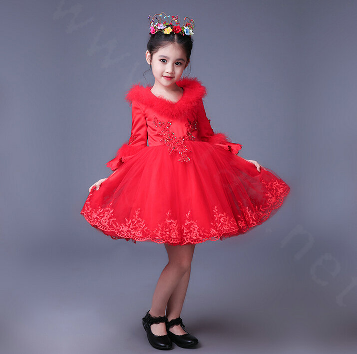 Cute Dresses Winter Flower Girls Lace Cotton Velvlet Wedding Party Dress - Red