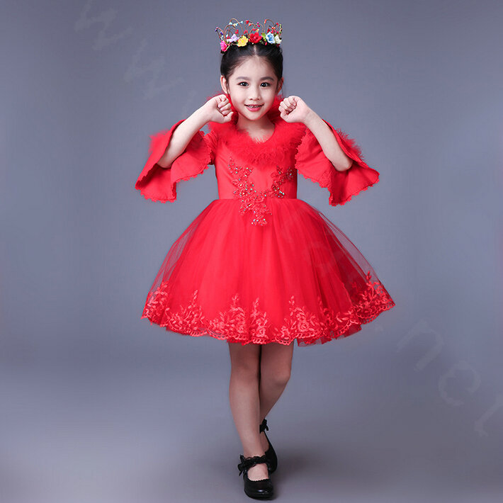 Cute Dresses Winter Flower Girls Lace Cotton Velvlet Wedding Party Dress - Red
