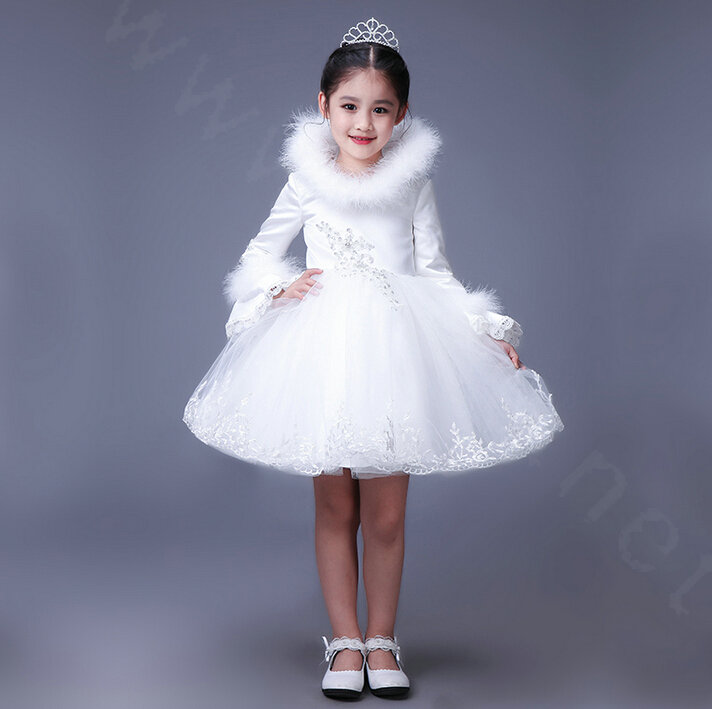 Cute Dresses Winter Flower Girls Lace Cotton Velvlet Wedding Party Dress - White