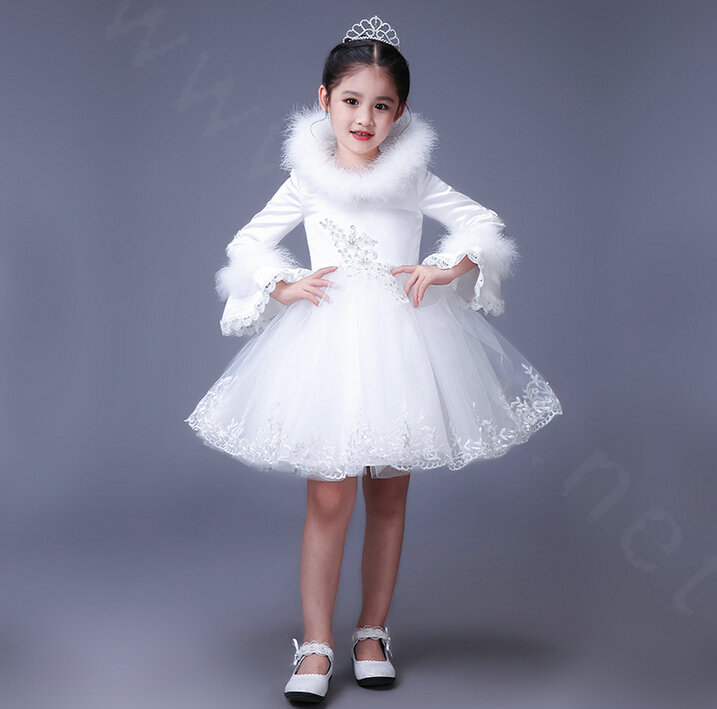 Cute Dresses Winter Flower Girls Lace Cotton Velvlet Wedding Party Dress - White