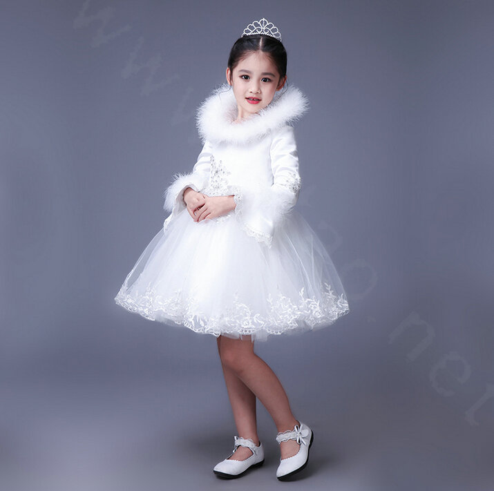 Cute Dresses Winter Flower Girls Lace Cotton Velvlet Wedding Party Dress - White